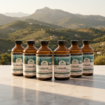 Six bottles of Pine Needle Tea on a marble surface with a mountainous landscape in the background