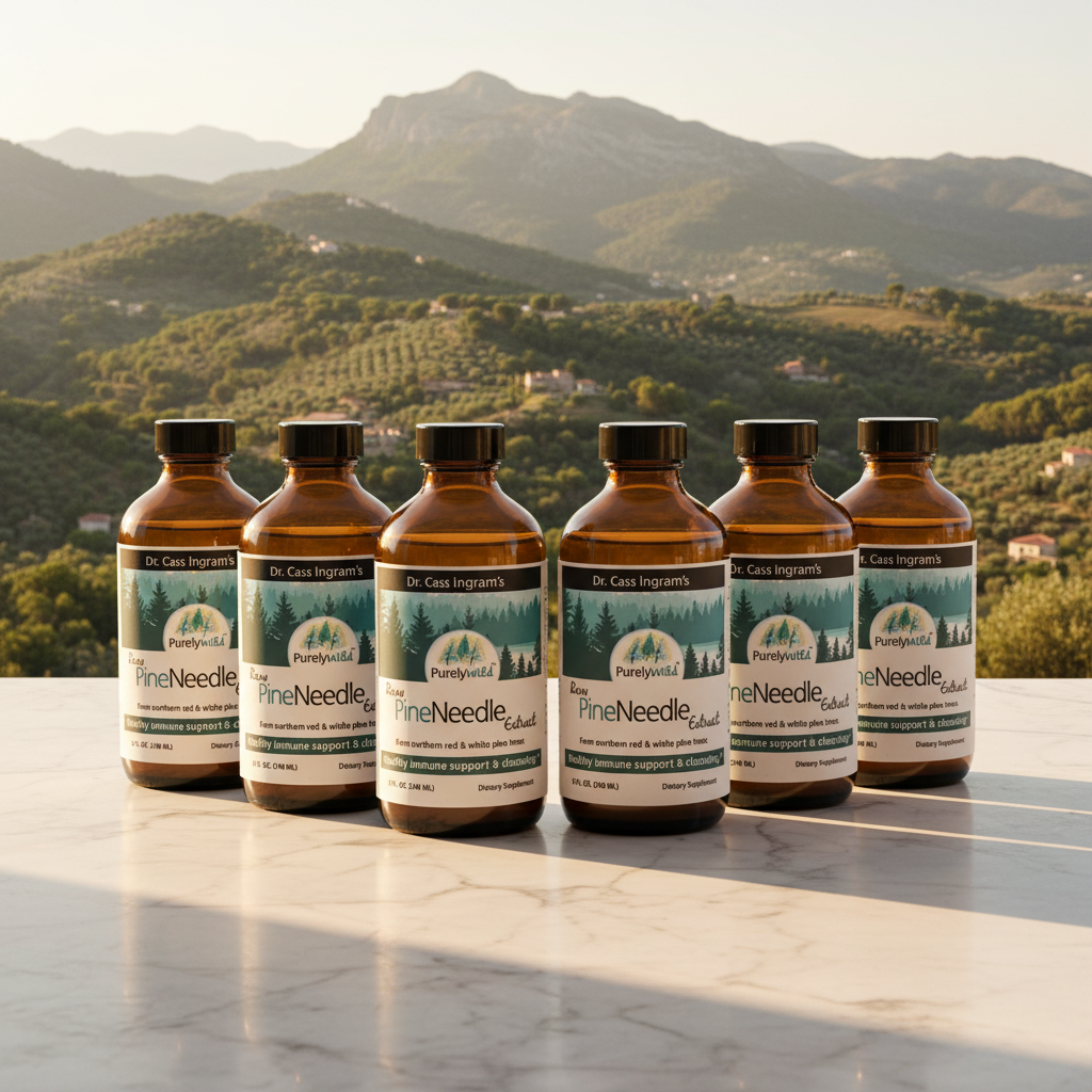 Six bottles of Pine Needle Tea on a marble surface with a mountainous landscape in the background