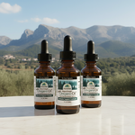Three bottles of oregano oil with a mountainous landscape in the background