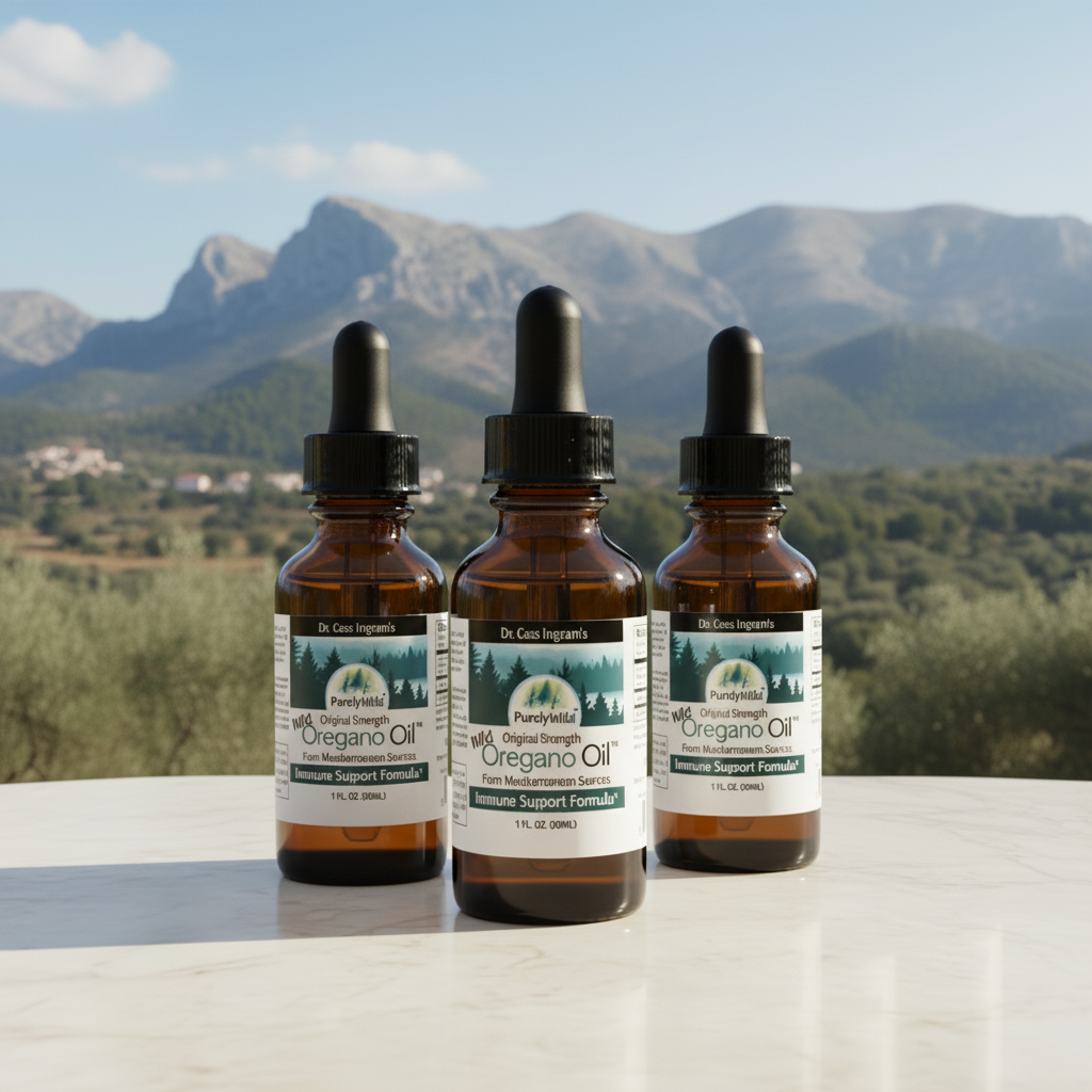 Three bottles of oregano oil with a mountainous landscape in the background