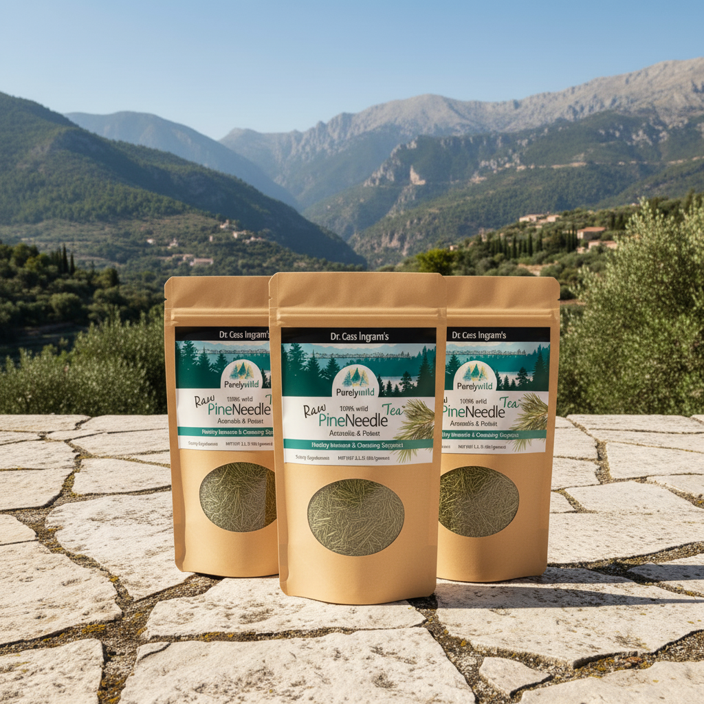 Three packages of Pine Needle Tea on a stone surface with a mountainous landscape in the background
