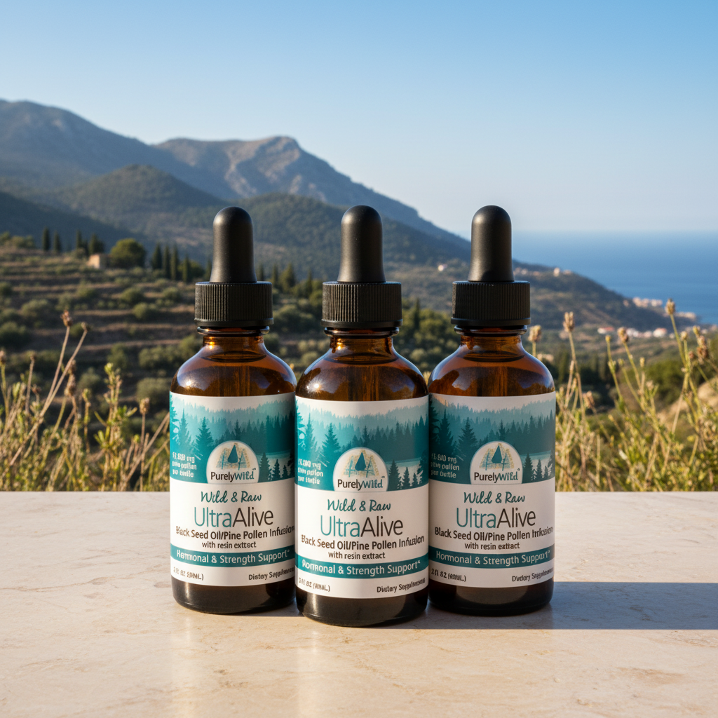 Three bottles of UltraAlive supplement with a scenic background of mountains and ocean.