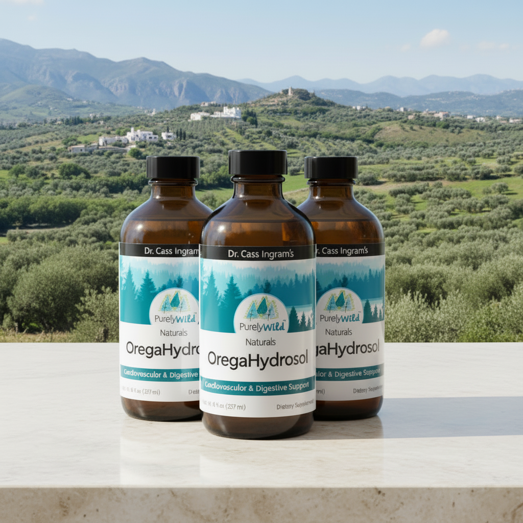 Three bottles of Purely Wild OmegaHydrosol on a ledge with a scenic background