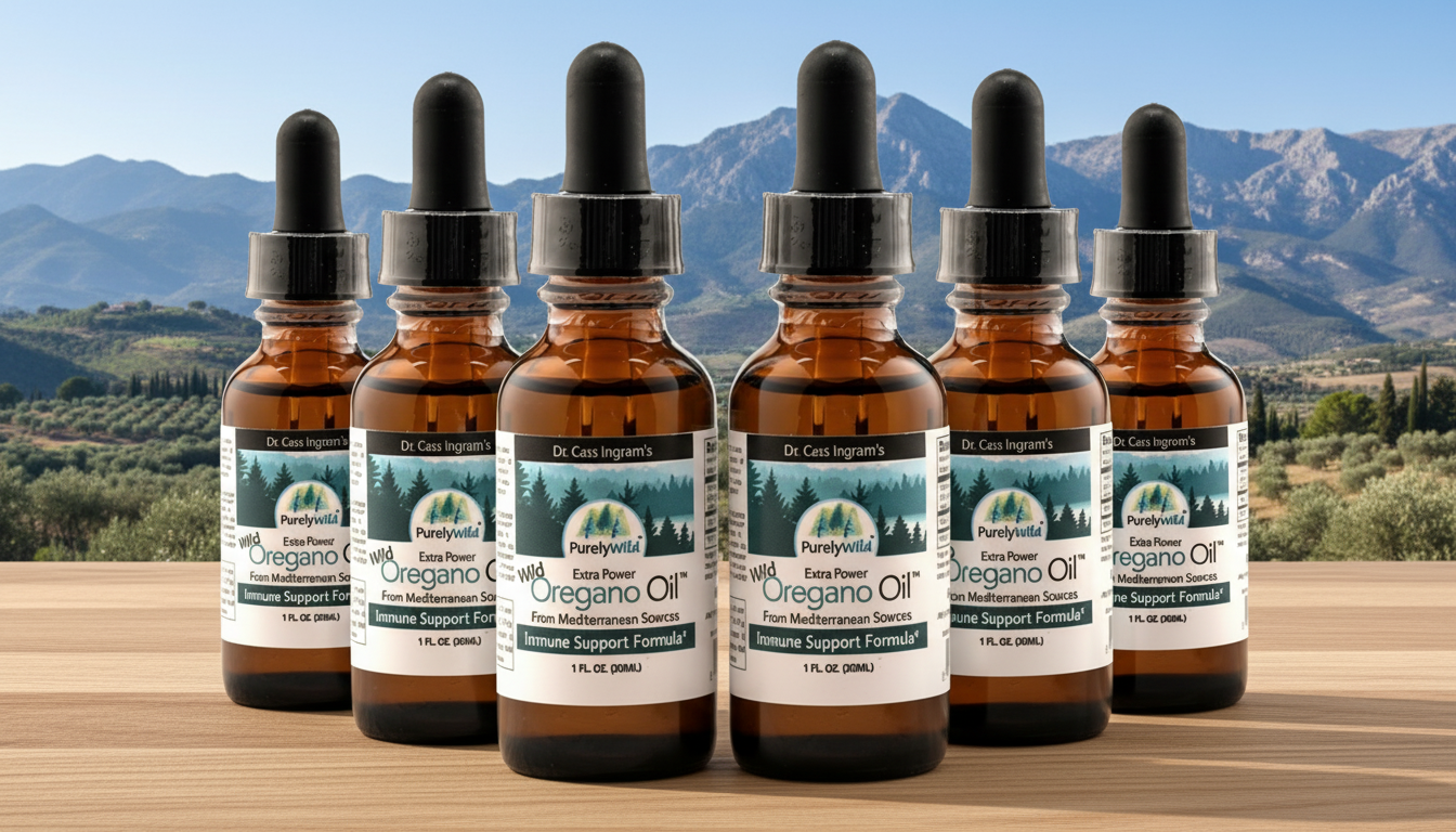 Six bottles of Oregano Oil with droppers on a wooden surface with a mountainous background.