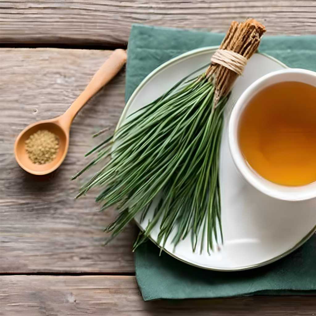 A close-up of a cup of freshly brewed Wild Pine Needle Tea, displayed with pine sprigs and a wooden spoon, symbolizing its antioxidant-rich and immune-supporting properties inspired by Dr. Cass Ingram.