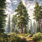 A serene forest landscape with tall pine trees, symbolizing the pristine northern forests where Dr. Cass Ingram’s Purely Wild PineAlive Extract ingredients are sustainably harvested.