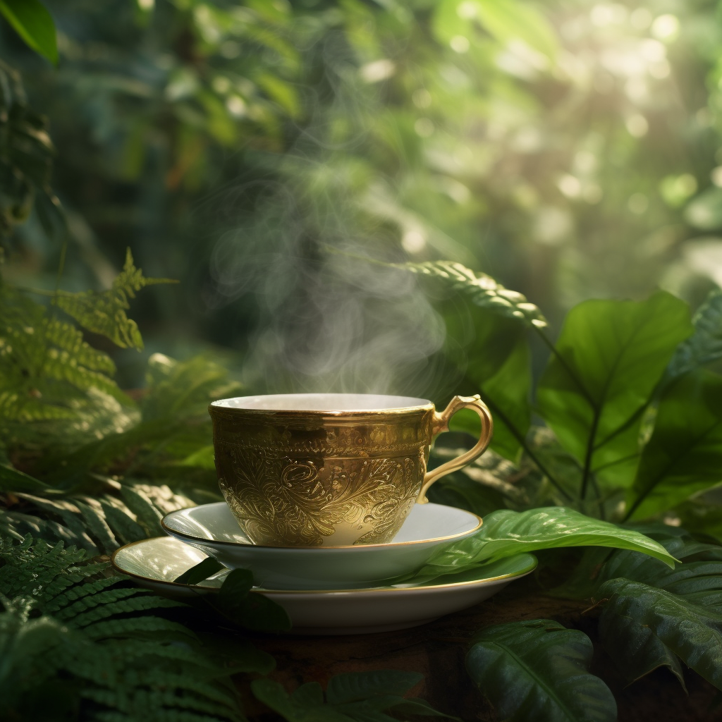 Cup of Cat’s Claw tea steaming in a serene forest setting, promoting natural wellness