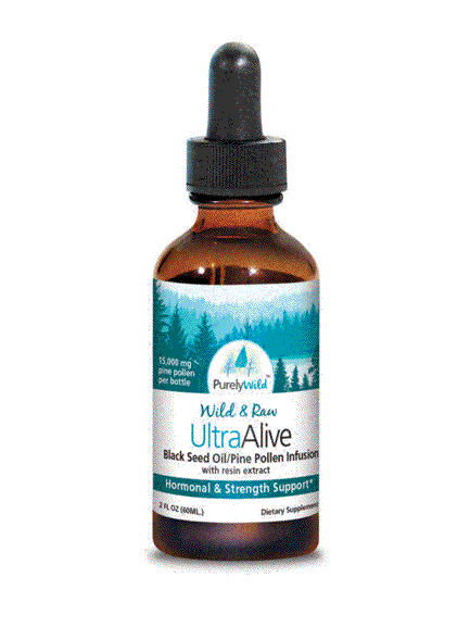 A bottle of Purely Wild UltraAlive, a fusion of wild Mediterranean pine pollen, pine resin, and black seed oil, crafted under Dr. Cass Ingram’s guidance to enhance vitality, stamina, and cellular regeneration.