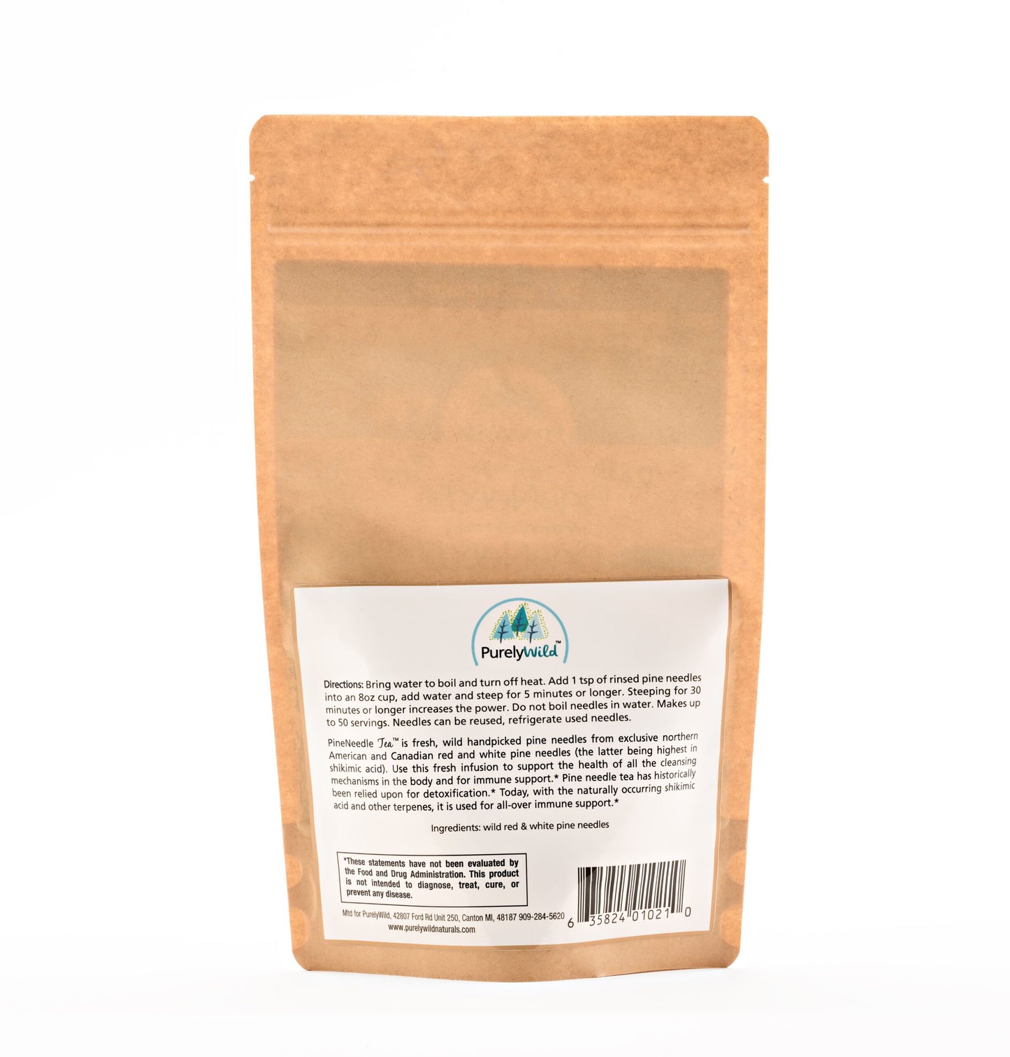 A back view of the Wild Pine Needle Tea bag, showcasing detailed ingredient and preparation instructions, emphasizing its natural origins and Dr. Cass Ingram’s expertise.
