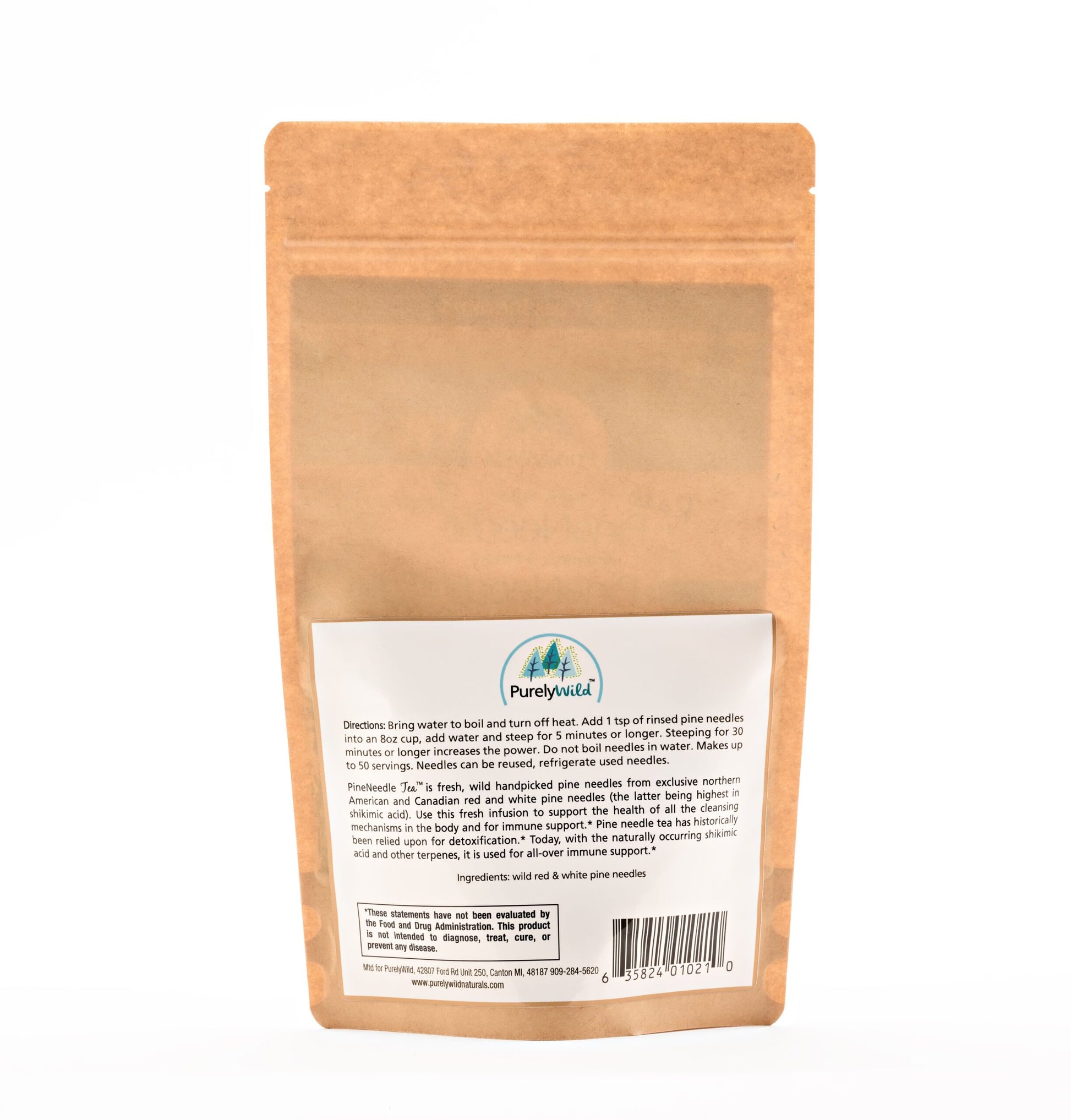 A back view of the Wild Pine Needle Tea bag, showcasing detailed ingredient and preparation instructions, emphasizing its natural origins and Dr. Cass Ingram’s expertise.