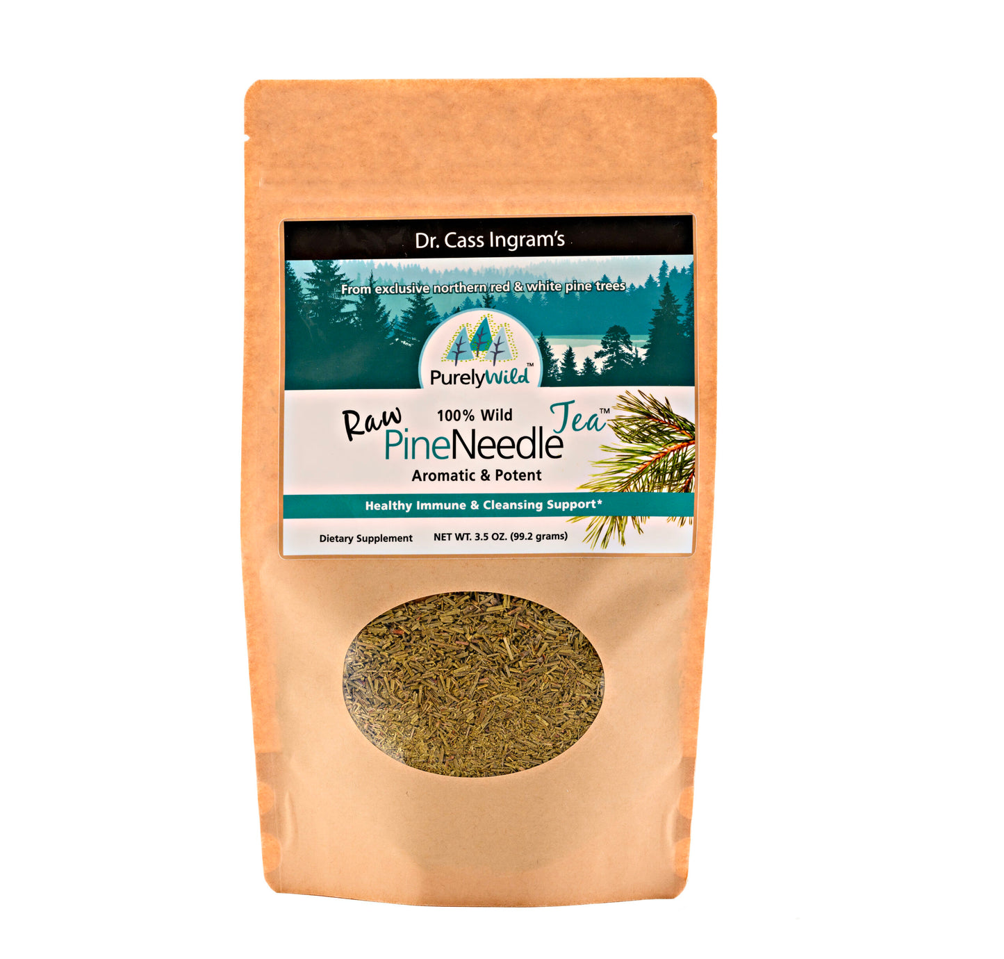 A front view of a Wild Pine Needle Tea bag, formulated under Dr. Cass Ingram’s guidance, featuring sustainably harvested white and red pine needles for respiratory and immune support.